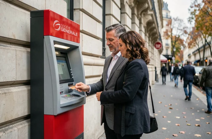 Un couple utilise un distributeur automatique Société Générale dans une rue parisienne, représentant les services bancaires quotidiens pour les particuliers