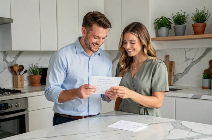 Casal descobrindo com emoção um cheque de casamento acompanhado de um texto elegante e original