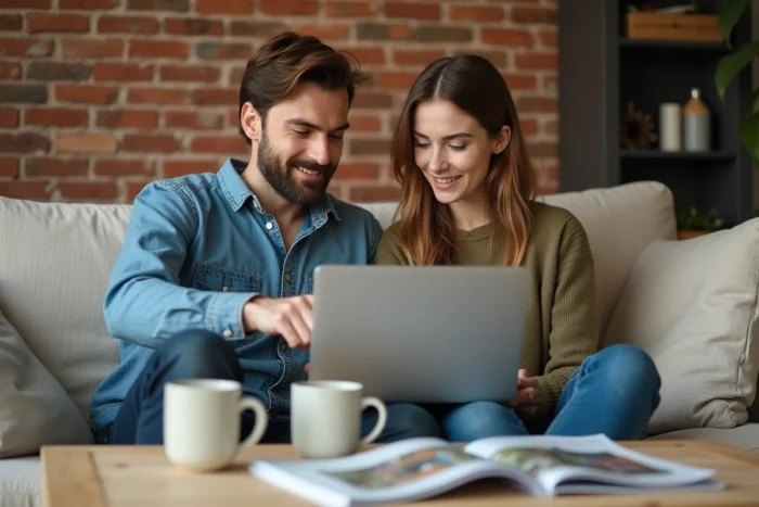 Couple recherchant des opportunités d'échange immobilier en ligne depuis leur salon