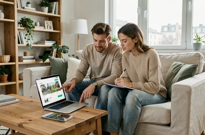 Couple consultant une plateforme de transaction immobilière en ligne depuis leur salon