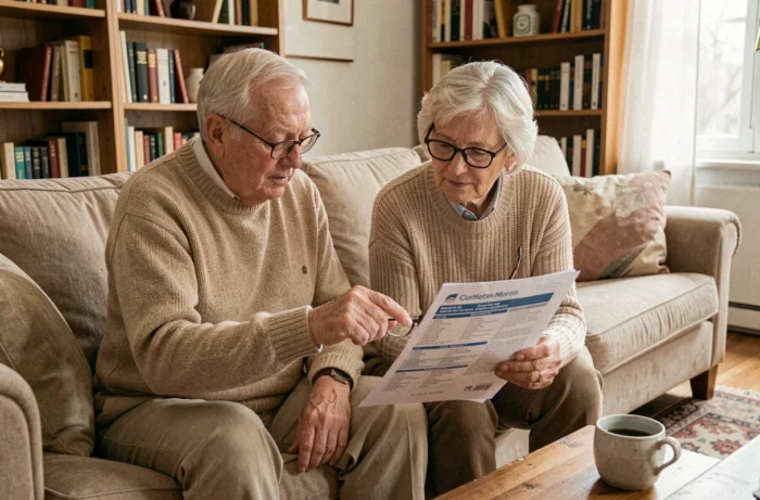 Couple de seniors étudiant ensemble un guide comparatif de mutuelles santé dans leur salon, pour choisir la couverture adaptée à leur retraite