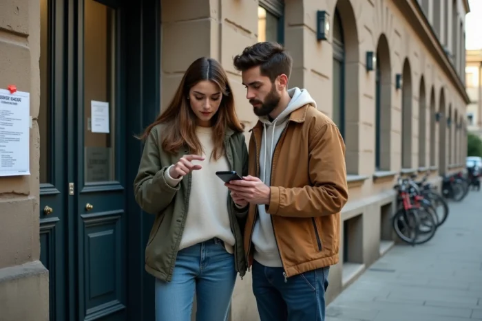 Couple de jeunes adultes consultant une annonce de logement à louer affichée à l'entrée d'un immeuble en ville