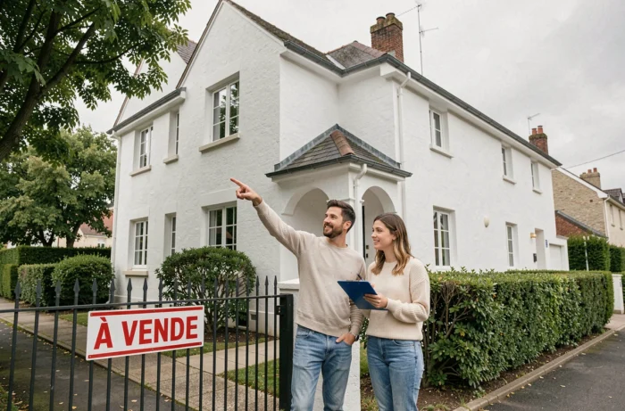 Couple visitant une maison à vendre dans un quartier résidentiel calme