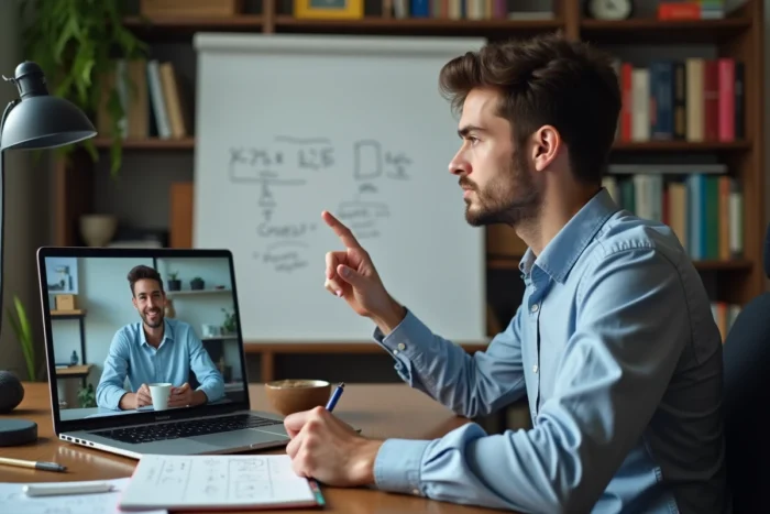 Un jeune homme donnant un cours particulier en visioconférence depuis son bureau à domicile, avec un tableau blanc couvert de formules mathématiques visible derrière lui et un élève affiché sur l'écran de l'ordinateur