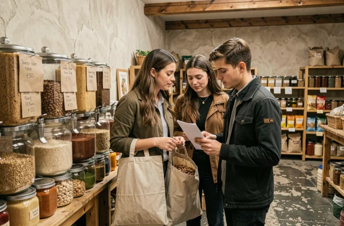 Couple faisant ses courses dans un magasin en vrac avec bocaux réutilisables et sacs en coton dans une épicerie zéro déchet