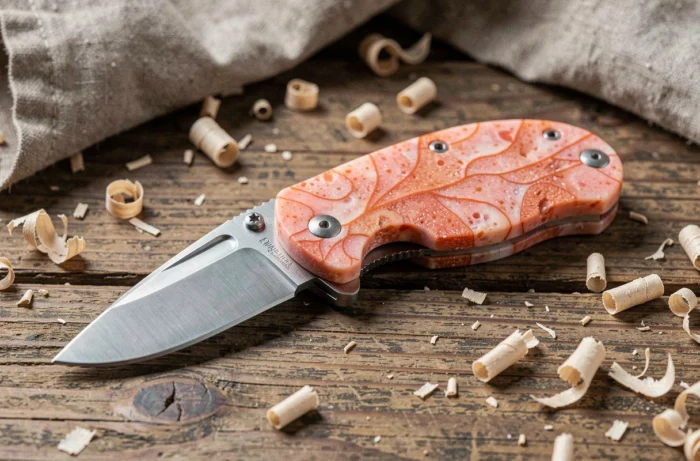 Couteau pliant avec manche en corail reconstitué posé sur une table en bois vieilli