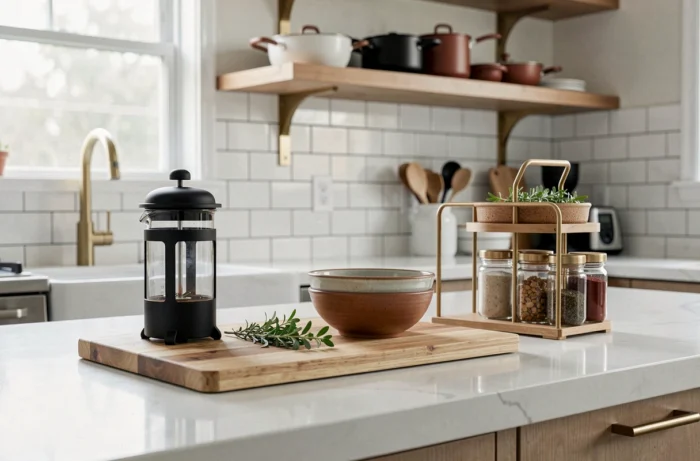 Comptoir de cuisine moderne avec accessoires essentiels, cafetière française, planche à découper en bois et bols en céramique tendance