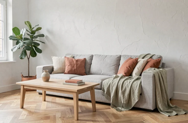 Salon moderne décoré dans un style scandinave avec canapé gris, table en chêne et plantes vertes pour une ambiance tendance et chaleureuse
