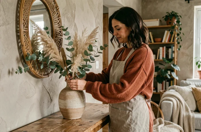 Femme arrangeant une décoration bohème avec herbes de la pampa et vase en céramique dans un salon scandinave cosy