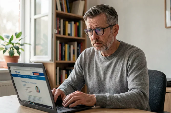 Homme au chômage consultant le site Pôle emploi sur son ordinateur à domicile