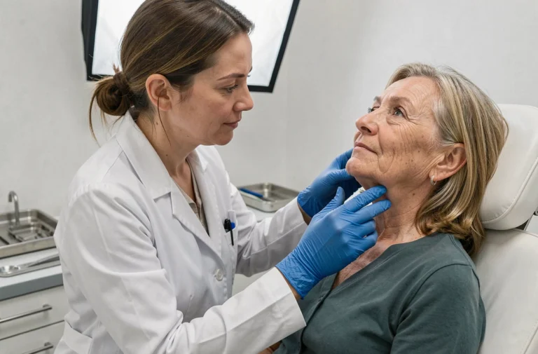 Dermatologue examinant le visage d'une patiente mature avant une procédure de comblement des rides en cabinet médical