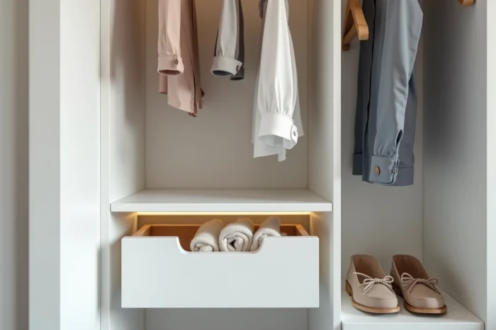 Détail intérieur d'un dressing blanc avec penderie en bois, tiroirs ouverts et rangement chaussures, aménagement économique et soigné façon catalogue