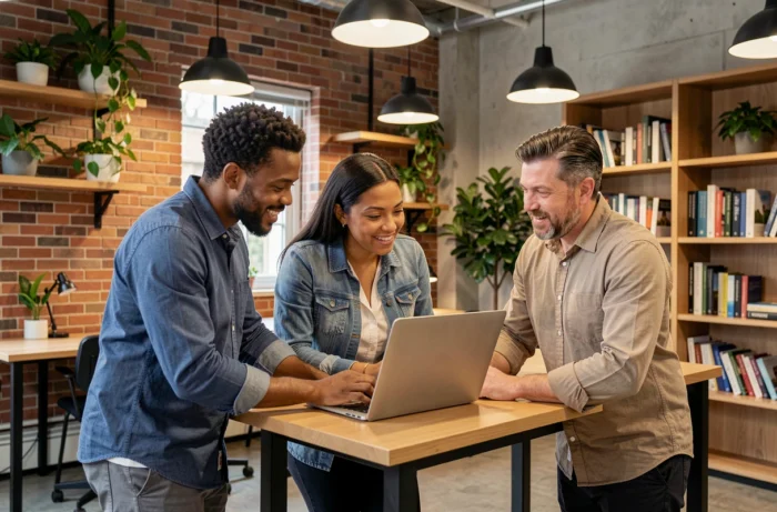 Groupe de collègues collaborant sur un exercice de développement des compétences dans un espace de coworking