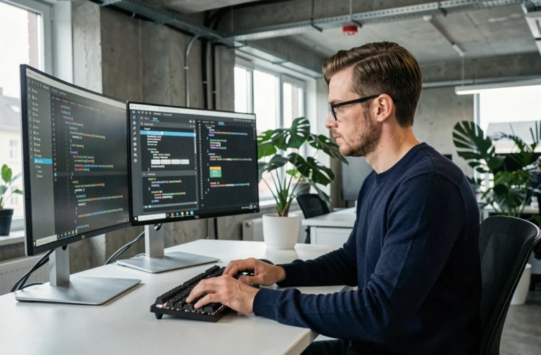 Développeur web configurant des codes de workflow sur Kordoz avec double écran dans un bureau moderne