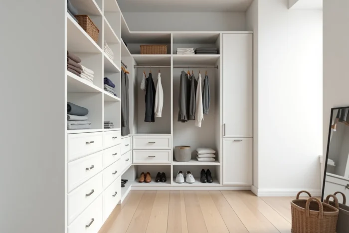 Dressing blanc élégant et bien organisé avec étagères ouvertes, tiroirs modulaires et miroir plein pied dans une petite pièce lumineuse au sol en chêne clair