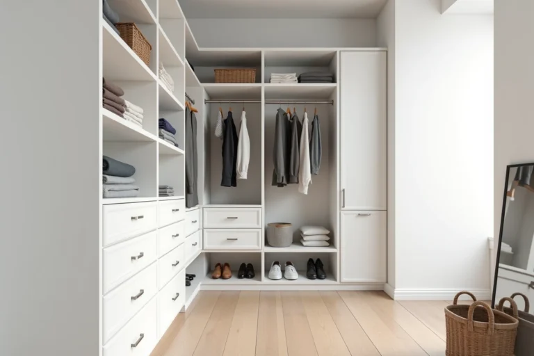 Dressing blanc élégant et bien organisé avec étagères ouvertes, tiroirs modulaires et miroir plein pied dans une petite pièce lumineuse au sol en chêne clair