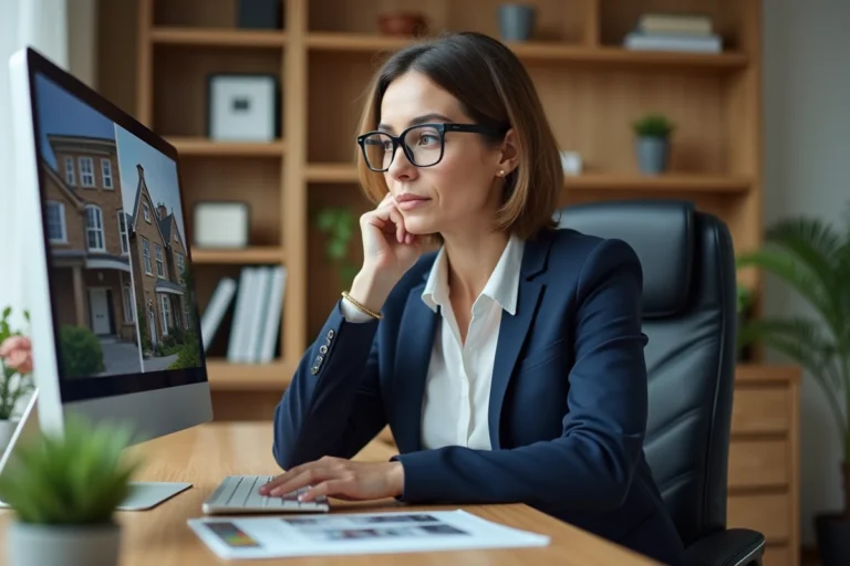 Femme professionnelle consultant des annonces immobilières en ligne depuis son bureau à domicile