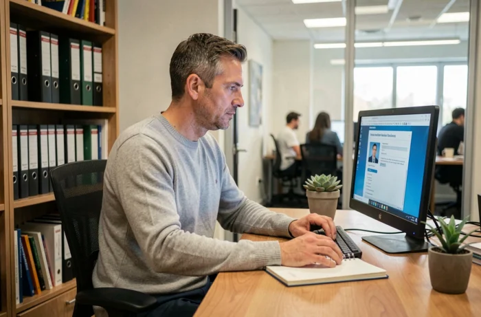 Homme en formation e-learning à son bureau, concentré sur un module de développement professionnel en ligne