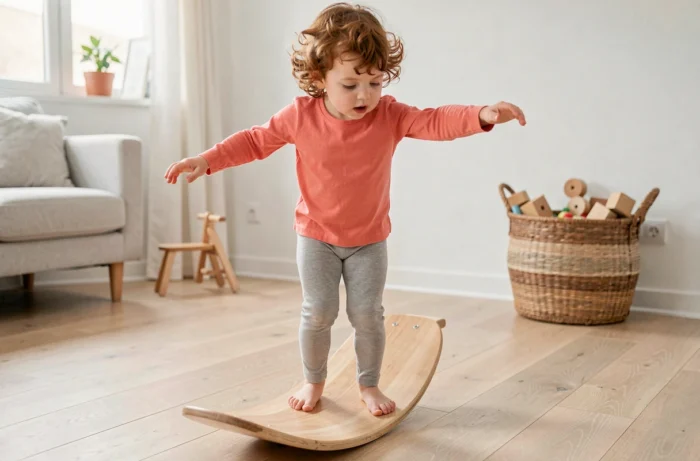 Petite fille équilibrant sur une planche Wobbel en bois dans un salon scandinave lumineux