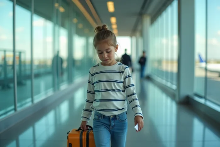 Fillette de 12 ans tirant sa valise cabine en marchant seule vers la porte d'embarquement d'un aéroport