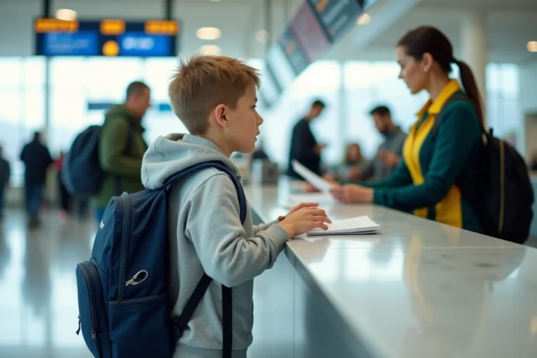 Jeune garçon d'environ 10 ans remettant ses documents à une agente Transavia au comptoir d'enregistrement de l'aéroport