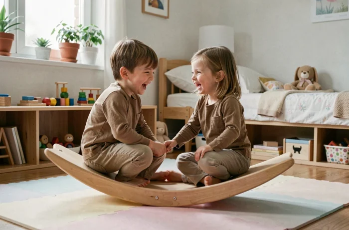 Deux enfants jouant ensemble sur une planche d'équilibre en bois Wobbel dans une chambre Montessori