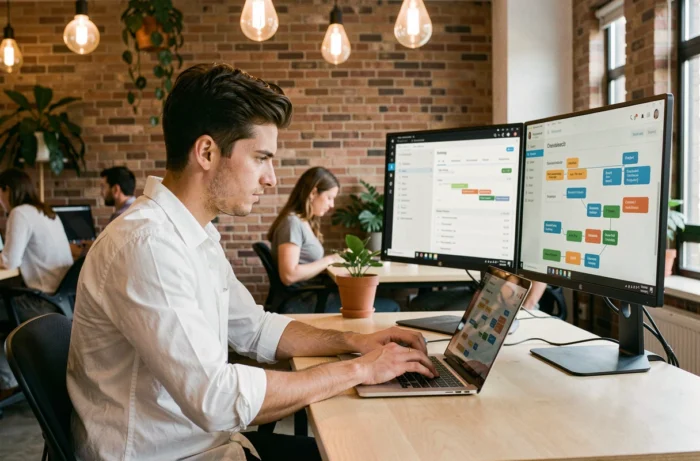 Jeune entrepreneur travaillant sur une solution CRM B2B personnalisée dans un espace de coworking moderne