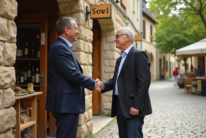Deux entrepreneurs se serrant la main devant une boutique artisanale dans le village de Beynat