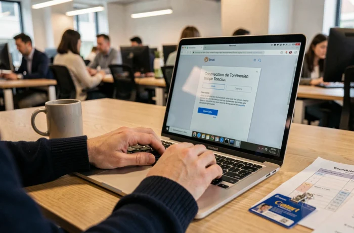 Hands typing on a keyboard with a connection error message displayed on the academic webmail