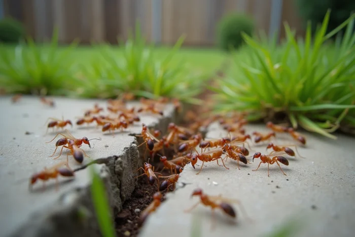 Essaimage de fourmis volantes sortant d'une fissure dans un trottoir en béton dans un jardin urbain en été