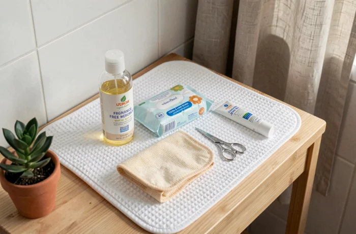 Table à langer en bois avec les essentiels de soins pour nouveau-né : huile bébé, lingettes, crème couche et ciseaux à ongles