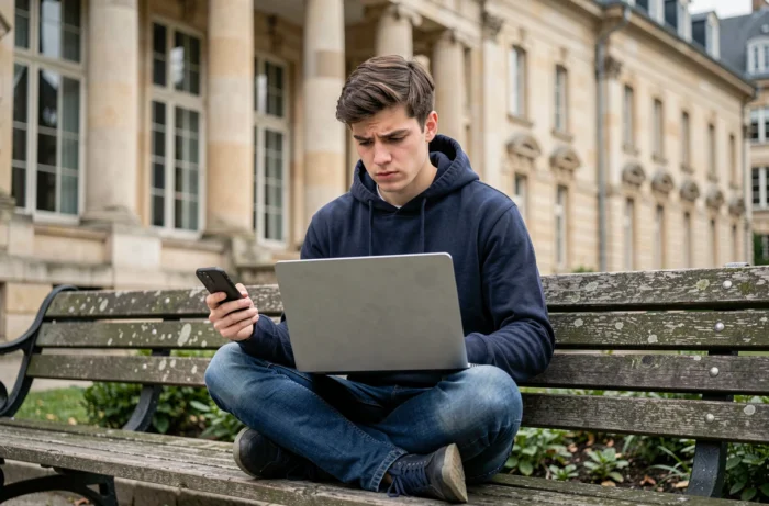Student on a Nantes campus consulting their phone after an academic messaging outage