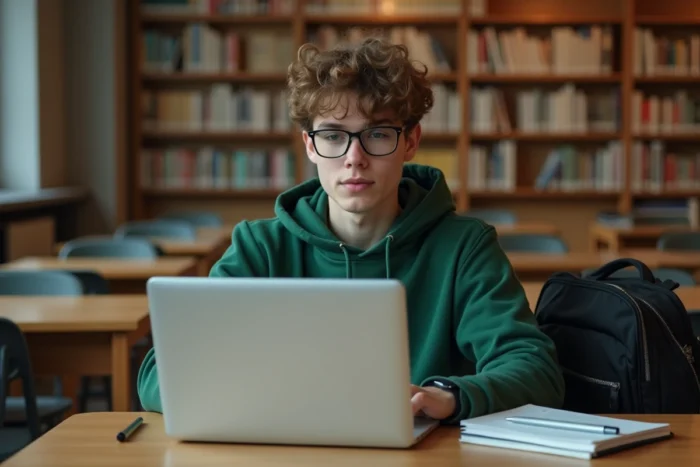 Étudiant consultant sa messagerie Zimbra de l'Université de Strasbourg dans une bibliothèque universitaire