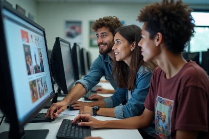 Groupe d'étudiants en design collaborant sur un logiciel de conception graphique gratuit dans une salle informatique universitaire