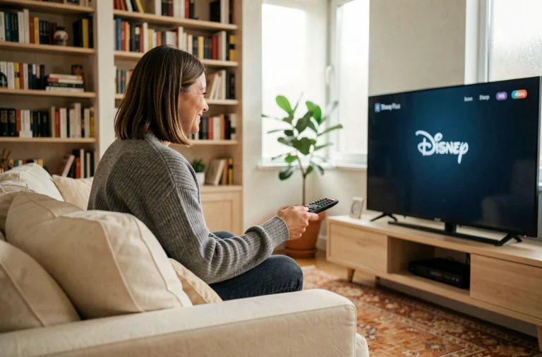 Femme souriante regardant Disney Plus sur sa télévision dans un salon confortable