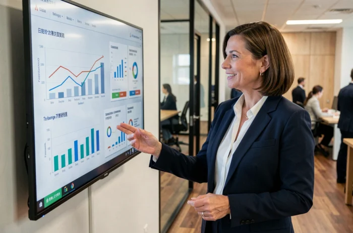 Femme d'affaires présentant des solutions B2B personnalisées sur un tableau de bord numérique dans un bureau moderne