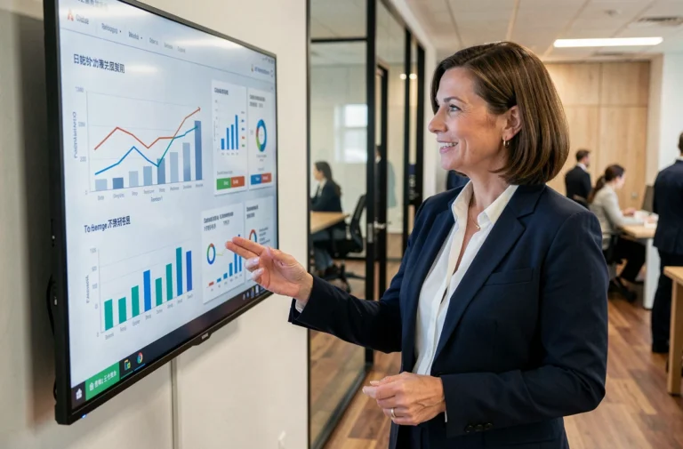 Femme d'affaires présentant des solutions B2B personnalisées sur un tableau de bord numérique dans un bureau moderne