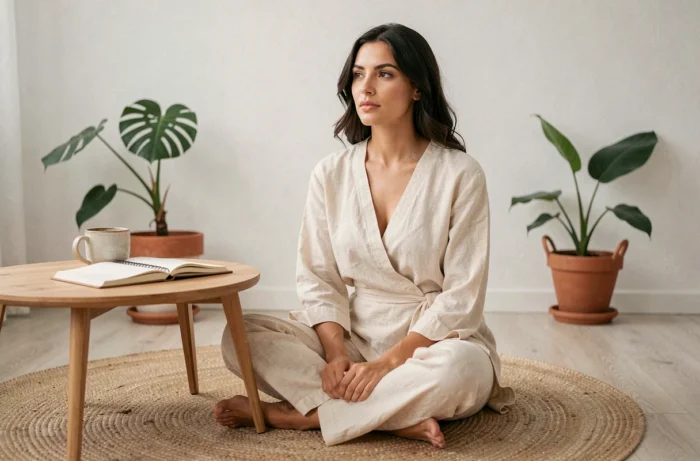 Femme sereine pratiquant la pleine conscience dans un salon minimaliste avec journal et tasse de tisane, ambiance bien-être et développement personnel