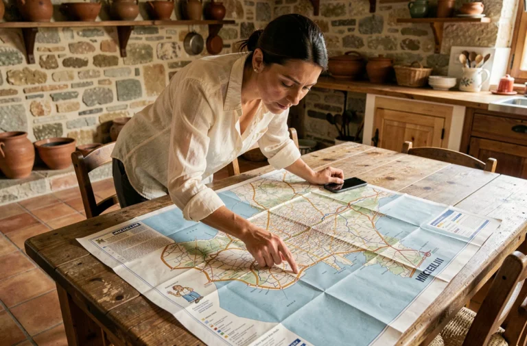 Femme consultant une carte routière Michelin dépliée sur une table en bois pour planifier un itinéraire