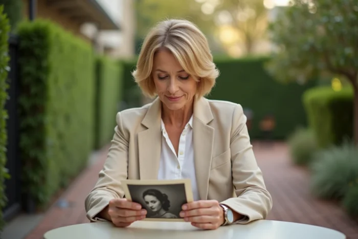 Femme blonde d'âge mûr tenant une photographie en noir et blanc dans un café en plein air en Californie, symbole de mémoire et d'histoire personnelle liée à une célébrité oubliée
