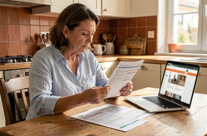Femme consultant des documents de mutuelle santé à sa table de cuisine, comparant les offres pour choisir la meilleure couverture en 2024