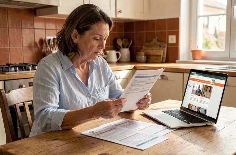 Femme consultant des documents de mutuelle santé à sa table de cuisine, comparant les offres pour choisir la meilleure couverture en 2024