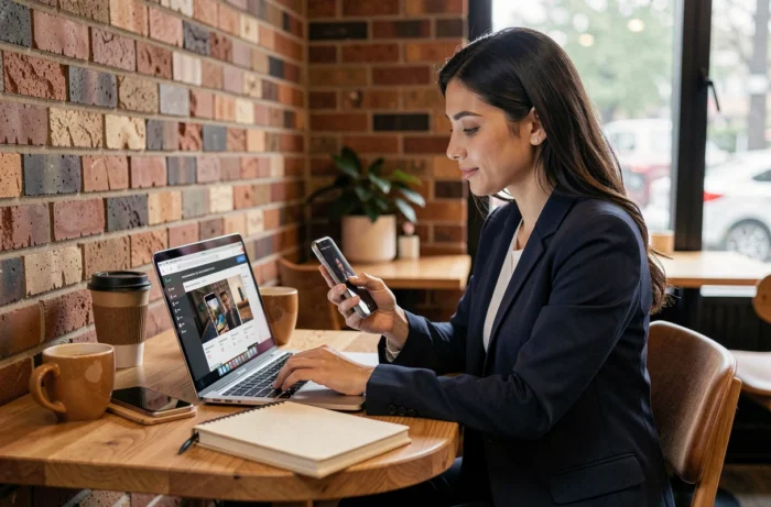 Femme comparant un smartphone reconditionné en main avec une plateforme spécialisée ouverte sur son ordinateur portable dans un café