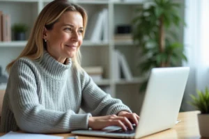 Femme accédant à son compte Keldoc en ligne sur un ordinateur portable depuis son bureau à domicile
