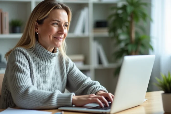 Femme accédant à son compte Keldoc en ligne sur un ordinateur portable depuis son bureau à domicile