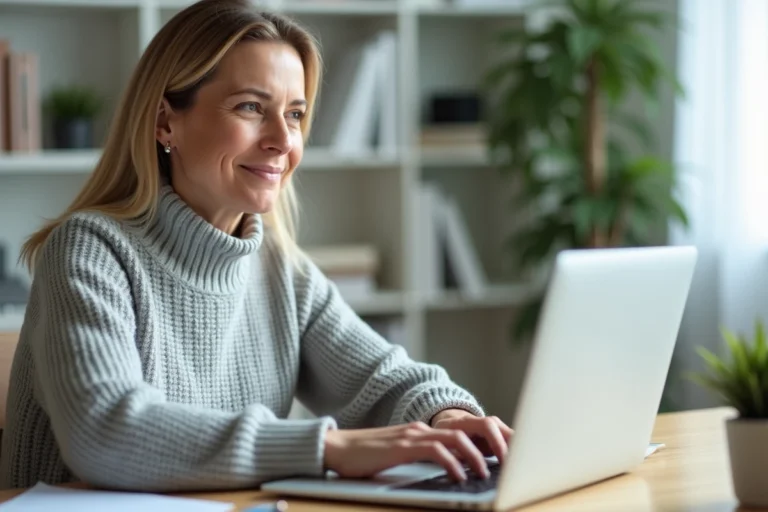 Femme accédant à son compte Keldoc en ligne sur un ordinateur portable depuis son bureau à domicile