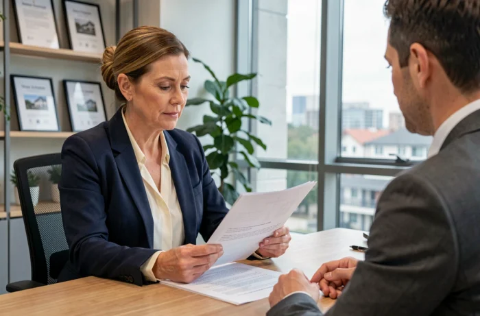 Femme consultant un agent immobilier dans une agence moderne pour son projet d'achat immobilier