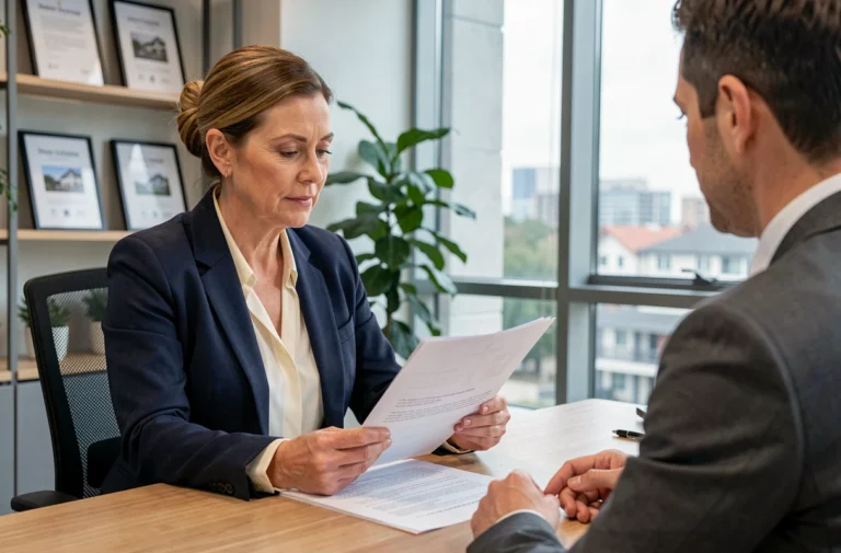 Femme consultant un agent immobilier dans une agence moderne pour son projet d'achat immobilier