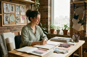 Femme créative dans son atelier entourée de carnets de croquis et d'inspirations artistiques