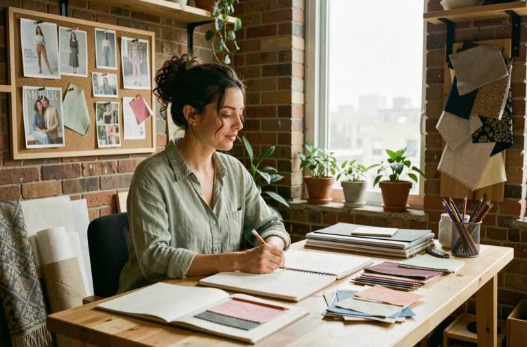 Femme créative dans son atelier entourée de carnets de croquis et d'inspirations artistiques